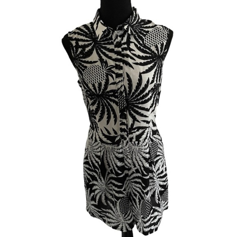 Mustard Seed Tropical  Pineapple Print Button Front Cut Out Romper Black‎ White